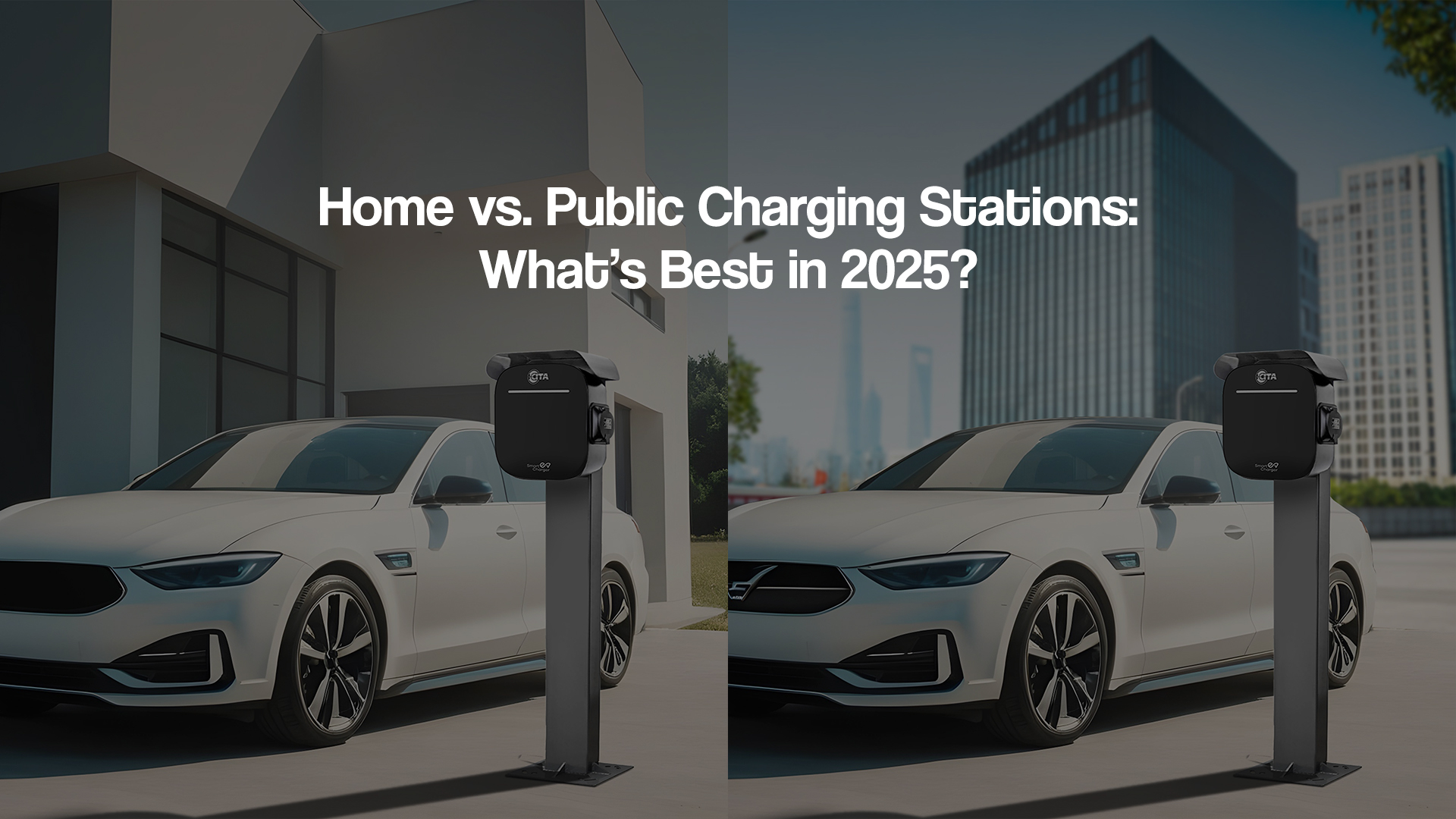 An electric vehicle charging at a sleek home EV charger beside a modern house, contrasted with another EV at a busy public charging station.