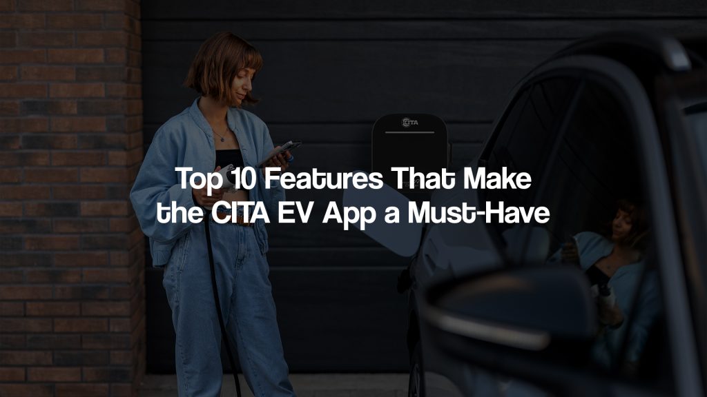 The CITA EV App interface displaying key features like charging status, payment options, and a location map for electric vehicle owners.