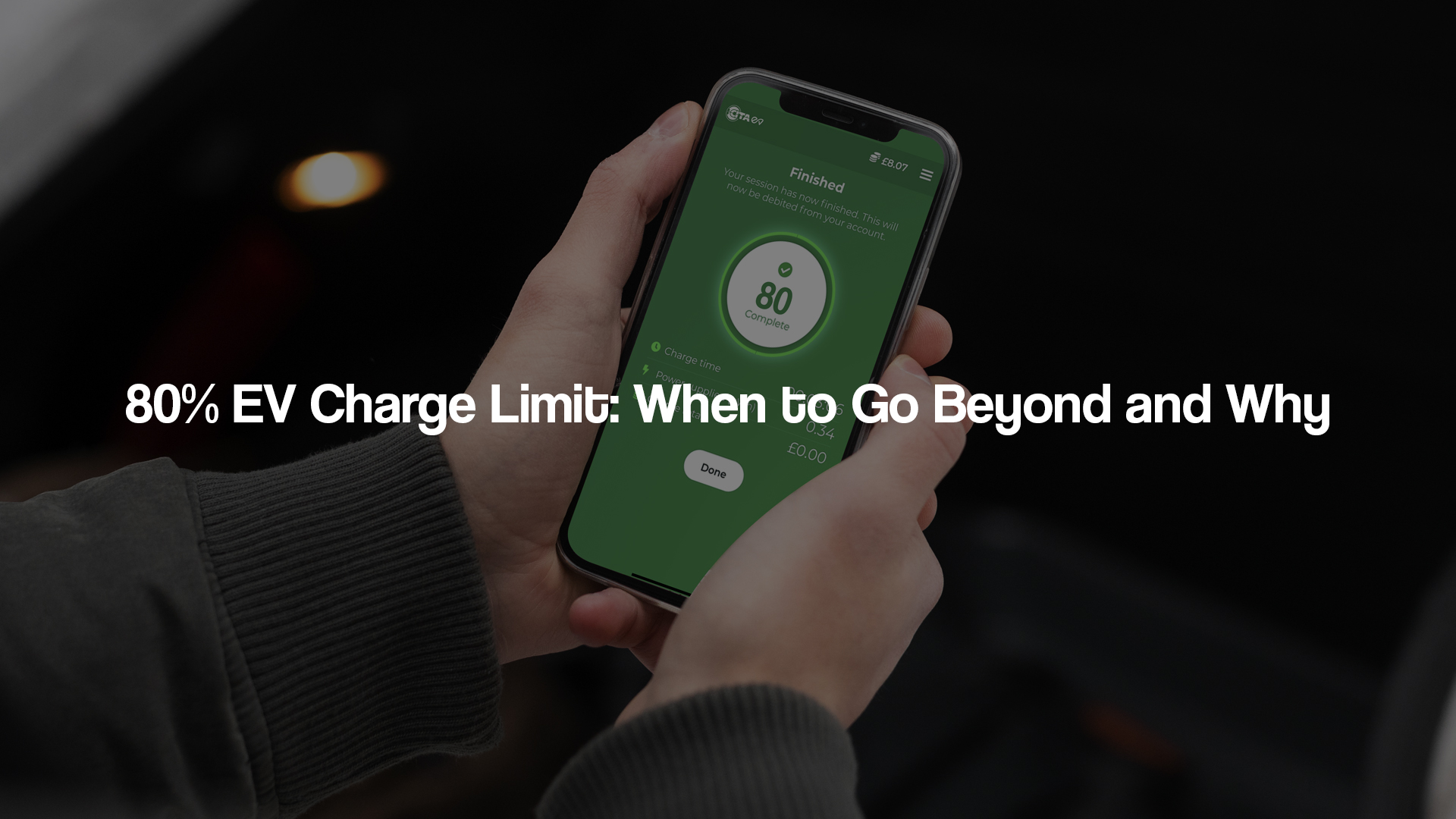 Dashboard display of an electric vehicle showing 80% battery charge, symbolizing optimal charging practice.