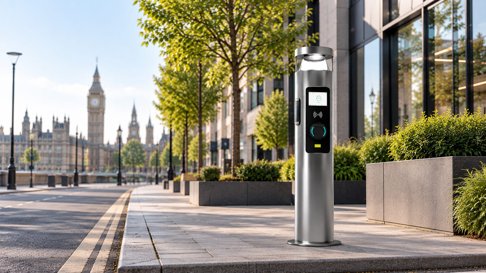 London EV Charging Bollard with Big Ben Skyline